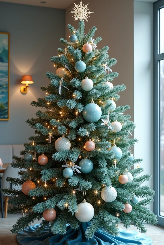 Un sapin de Noël réaliste décoré avec une palette de couleurs et des décorations qui s'inspirent des peintures de Claude Monet : Les nympheas.  Les décorations doivent être de couleurs pastels et disponibles à la vente. Il faut du bleu et blanc sur le sapin.