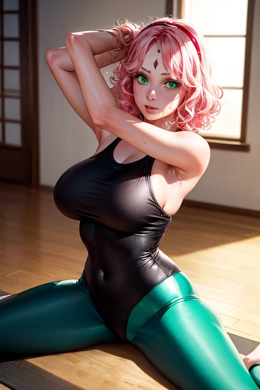 masterpiece, Highest quality, (Unreal Engine), reality, Super Resolution, Very detailed, Complex, colorful, Clear images, Sharp focus, Digital Blending,
One Woman, Haruno sakura, Short Straight Hair:1.8, bangs, (Green Eyes:1.5), Pink Hair, hair band, (Forehead mark:1.2), red hair band, (swept bangs:1.5), Puffy nipples, Perfect Eyes, Perfect Face, Ultra detailed hair, Ultra detailed face, Very detailed lips, Vivid expression, Healthy Body, Beautifully detailed sweat glands, Smooth skin texture, Carefully drawn,
((humidity:1.5), Sticky with sweat), (Wear tight yoga suit, Bold and sexy yoga poses, Hot Yoga, Sweat makes your yoga suit transparent),
indoor, Hot Yoga room, (Shot on Sony α9, Dynamic Angle), Browsing Caution,