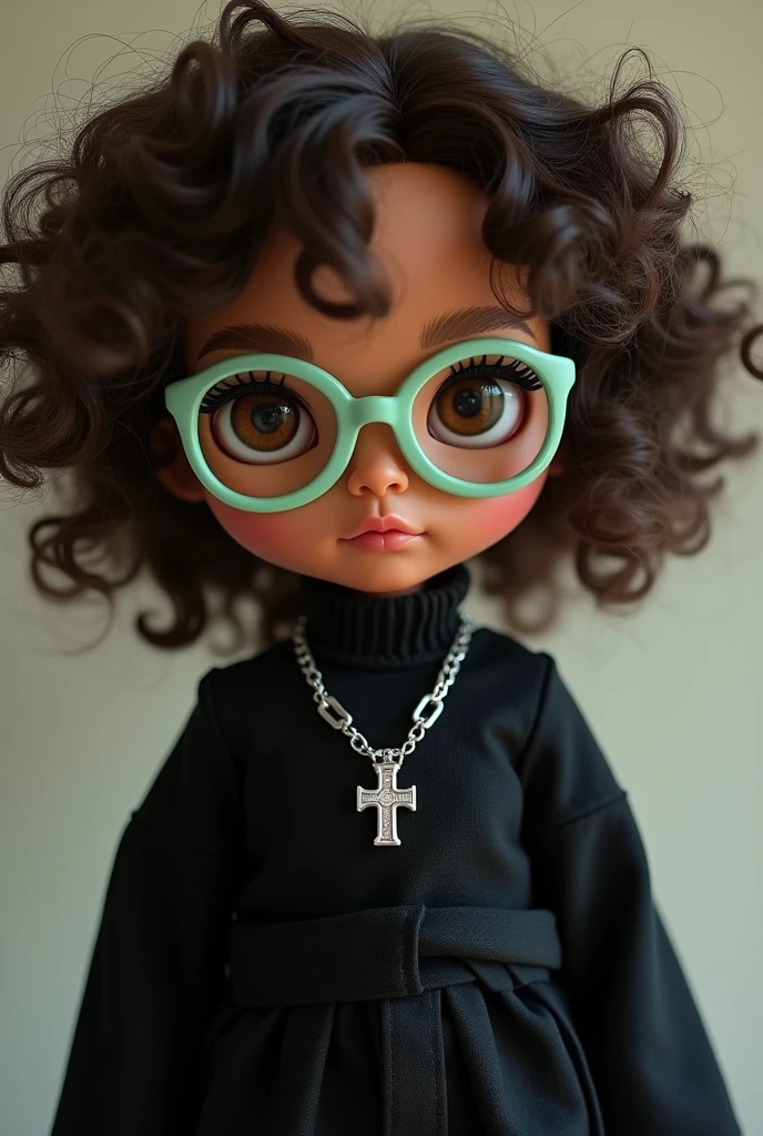 make me a blythe doll with brown skin, with dark brown curly hair and curly fringe too, with brown eyes and light green glasses and with black clothes and a cross silver chain