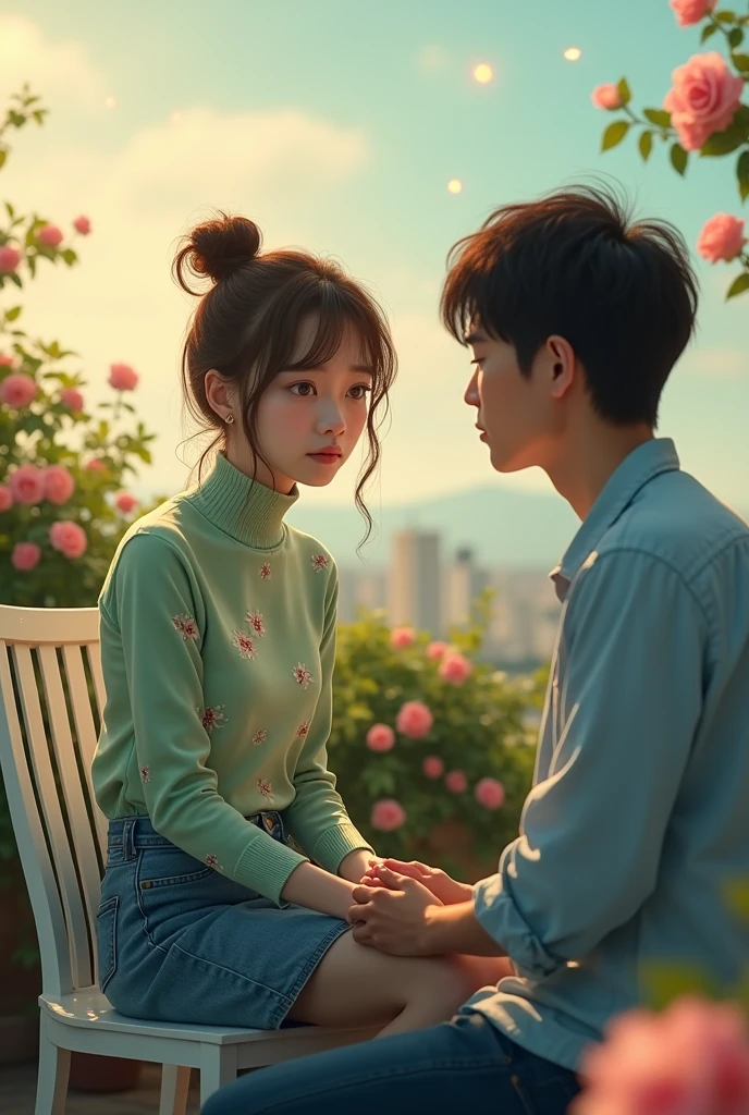 a beautiful japanese woman with messy bun highlighted brown hair, turtle neck light green ((floral print fabric)) inner top and blue jeans skirt, the woman is is sitting on the white garden chair in a rooftop garden, roses vines, the woman's face was sulky looking at the man's eyes, man is on his knee infront of woman and hold her hand. the man is handsome japanese man wearing loose light blue shirt and jeans. particles and nice lighting, UHD, HDR, 8k, Masterpiece, close up, realistic, hyper realisitc, woman is facing camera, focus on her sulky face.