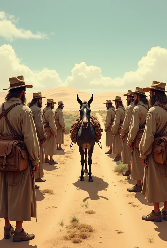A caravan of missionaries and mules stops on a road, One of the mules refuses to move forward, The missionaries are confused.