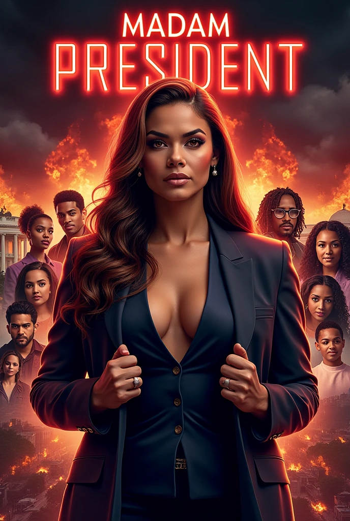 High quality, 1990s sci-fi movie poster, titled “Madam President” in bold large Yellow text on top, the tagline in smaller text “Saving the Union, One State at a Time.” In the center is ((Cecily Strong)), glowing red eyes, dramatic pose, chin up, looking down, thick body, arms crossed, broad shoulders, wide hips, long straight hair, thick thighs, formal suit, (plunging neckline), hands grasping her open shirt, behind her are five varying size headshots of other diverse ethnicity actors staggered against each other. The background is the White House on fire and DC in turmoil.