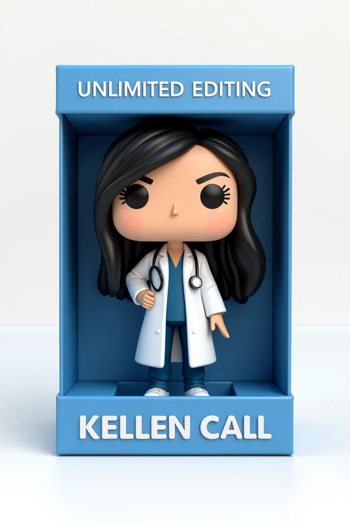 Create a Funko Pop of a kellen call, Brunetette, with slanted eyes, long black hair, dressed as a doctor. Funk must be presented inside and outside a blue box "unlimited editing". The box must also allow viewing of the funko, Typography, the rendering must be in 3D with a white background