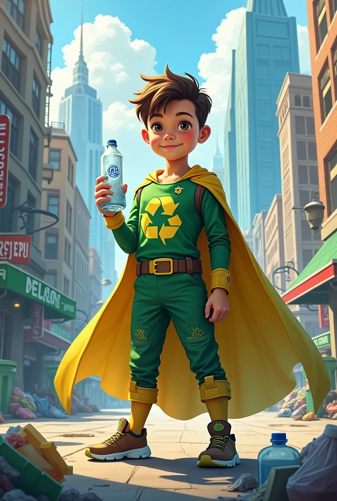 Recycling Superhero Boy with cape holding a PET bottle



