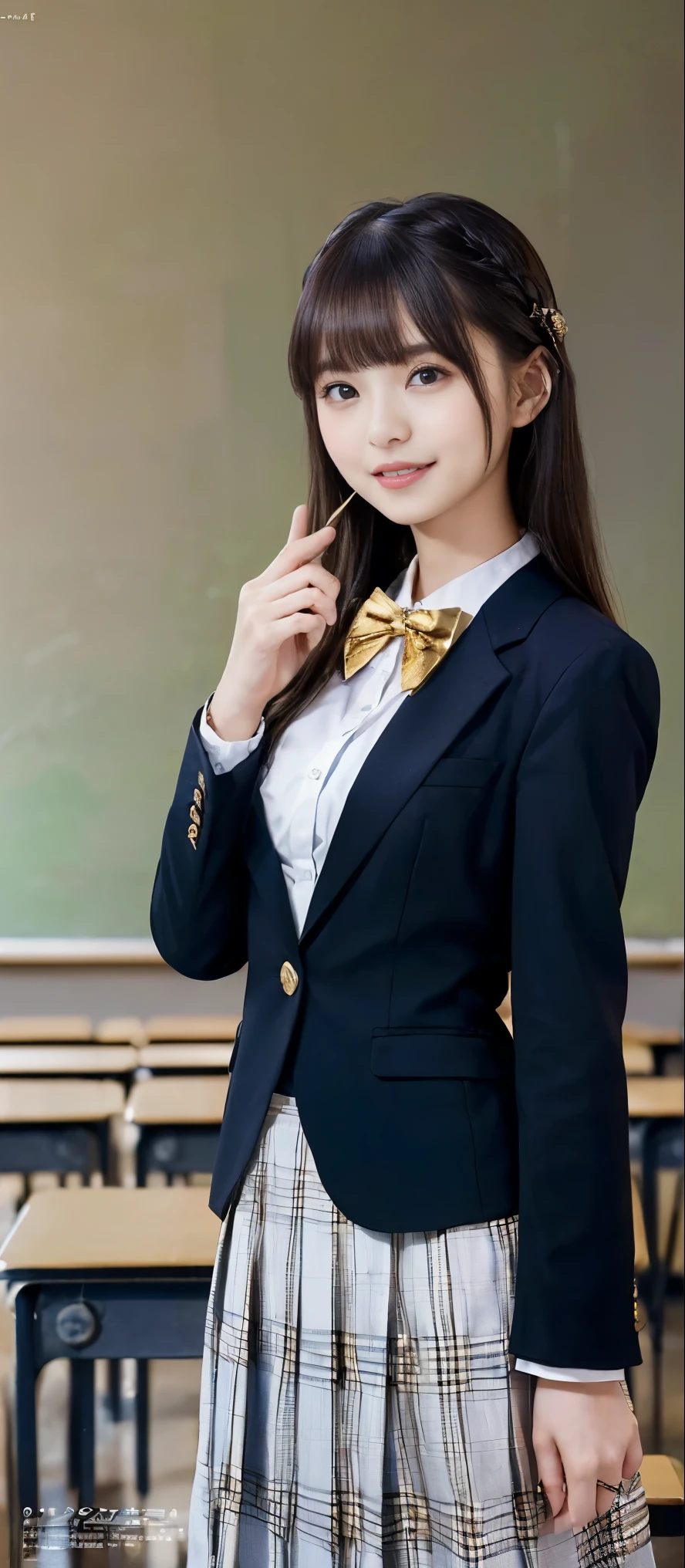 (Highest quality, masterpiece:1.2), Highest quality, Realistic, photograph, High resolution, 1080P, 8k, Physical Rendering, ((height: 155cm)), ((((((A beautiful fashion model featured in a Japanese fashion magazine、Look directly at the viewer)))))), (((big, Very fine, Beautiful dark brown eyes))), ((((Everyone loves me、They are Laughter at me.!)))), Detailed fingers, (((Curled bangs))), ((((Very noble and cute eyes, Every detail is carefully drawn)))), ((double eyelid)), (((Long eyelashes))), ((cute、Adorable、Adorable、Laughter、Laughter頬)), ((Pure white light hits my nose and cheeks. Her eyes and the white skin of her face are beautifully white.......)), (((((Her face is very expressive、With a noble smile。, so sweet, very smart))))), ((((A striking plain navy large school ribbon bow tie)))), ((((so beautiful、very long black braided hair)))),((She is wearing a formal long pleated skirt, Blue and navy tartan check), ((((The size is a bit large、With gold emblem.、She is very impressive as she flips up her dark blue formal blazer with both hands to reveal her breasts.)))), ((As elegant as a noble princess)), ((Girls dancing in the classroom)), ((Her shirt is pulled up, revealing her small breasts.))