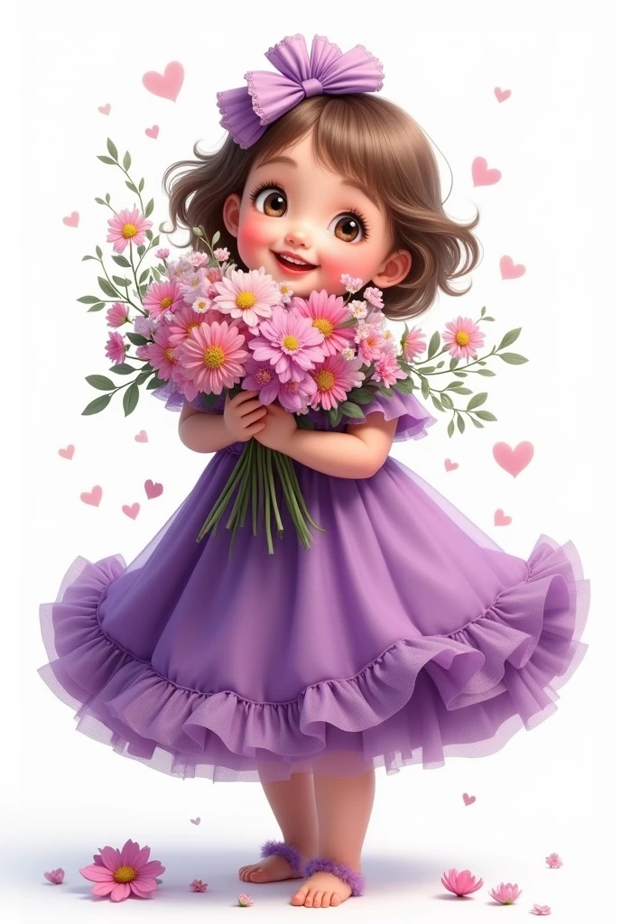 white background,baby girl standing,wearing beautiful party frock,purple shade full frill frock,she holding large bunch of flowers,some flowers are fell down,nice smiling Sophia face,hide half face of flowers