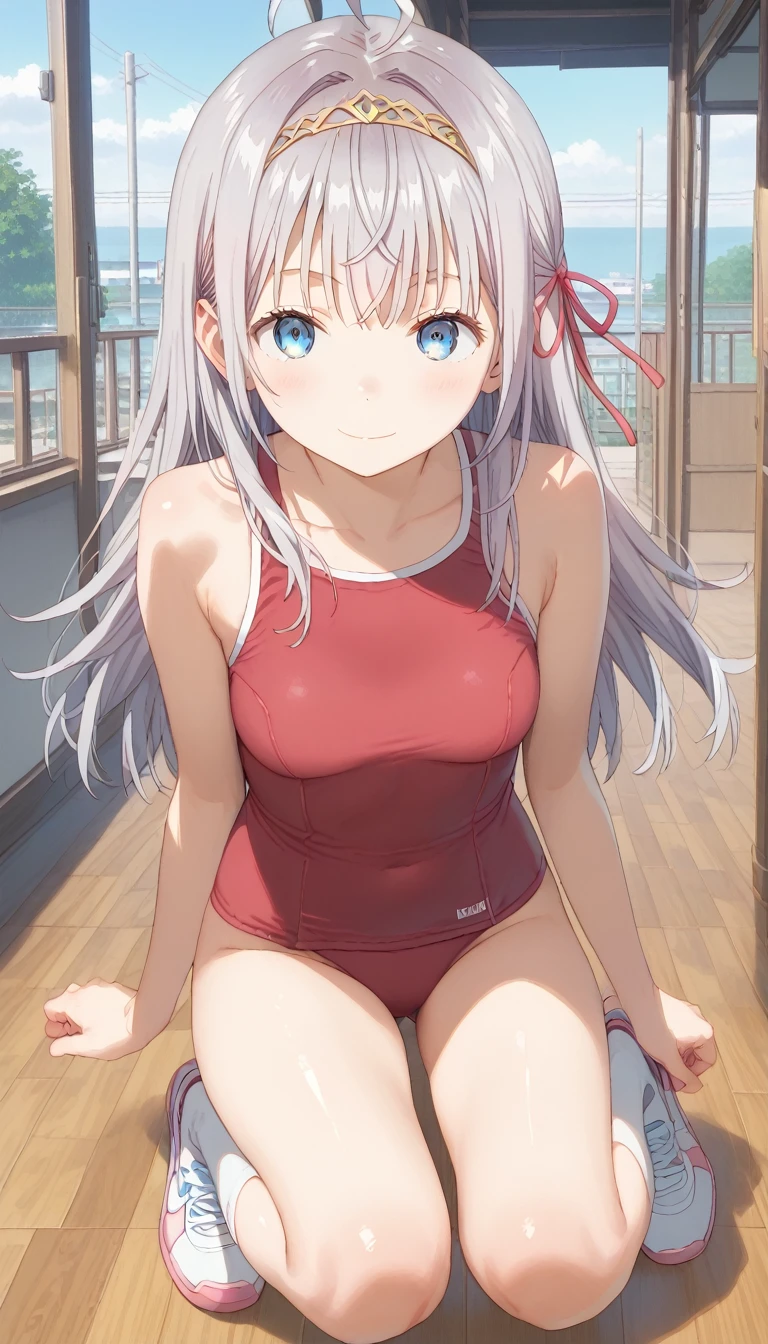 score_9, score_8_up, score_7_up, source_anime, masterpiece, absurdres, medium breasts, perfect face, 1girl, cute expression, smiling, looking at viewer, full body, background: bedroom, alisamikhailovna, alisamikhailovna kujou, long hair, bangs, blue eyes, tiara, ahoge, gray hair, red ribbon, red school swimsuit,,