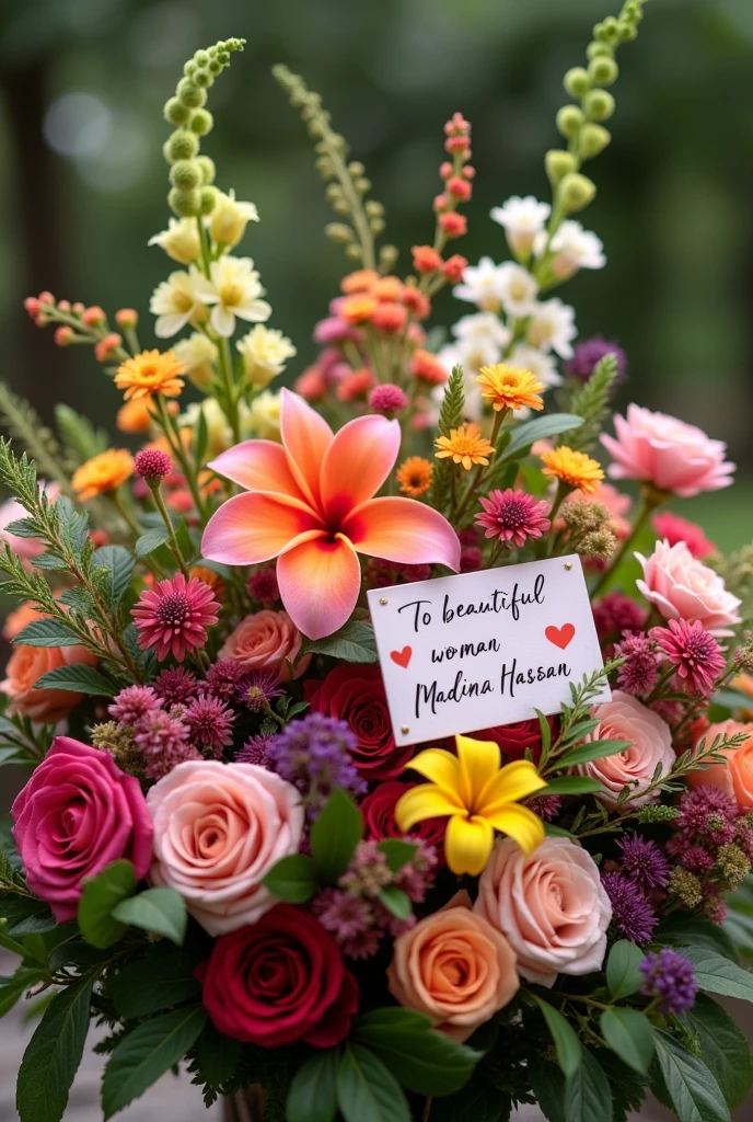 Create a banquet of flowers with a card Written "To beautiful woman Madina Hassan"