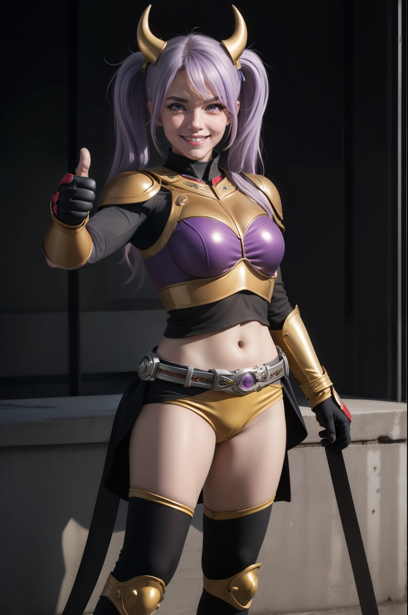 (The CG is very detailed.), (best quality), perfect face, Shiny skin, Shiny skin,wide hips, 1 girl,alone , Eukinetics,light purple hair,very long hair,low Twintail,Ahoge, purple eyes, Twintail, long hair,Mighty Cougar, ,Yellow horns,red armor, rider belt, glove, Diaphragm,navel,gold,,armor,belt,gag,bare shoulders, Thumbs up, smile,full body,