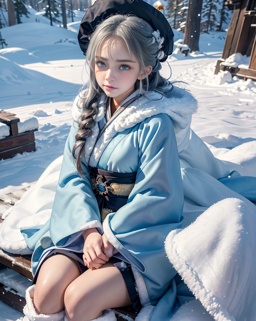 ((Works of masters)),(Ultra-high resolution),1 girl,Glowing eyes,Tears of sadness, Sitting, ta costume,cloak (Snow, Snow,Outdoor activities in winter:1.2),snowfield,Blue eyes,Illustrations of the highest quality,A meticulous face, (blue hanfu)