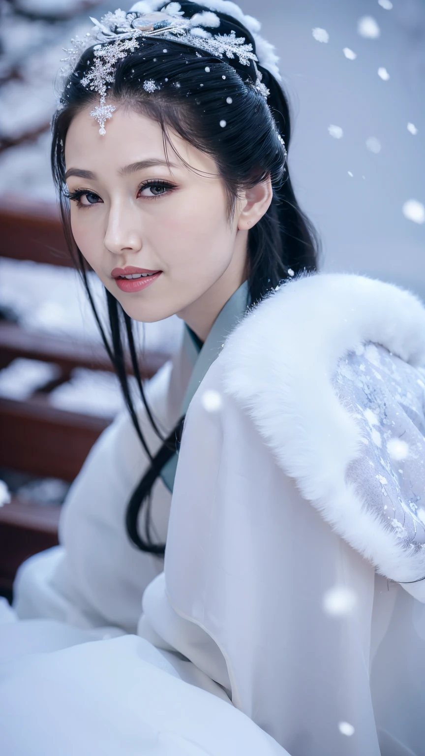 1 Fashion Model [[[[close up]]]], [[[[neck]]]], [[[[Shoulder]]]], (((Complete head)))，(((Complete hairstyle)))，Perfect eyes, Perfect Iris，Perfect lips，Perfect Teeth，Perfect skin，White skin，Soft headlights，High-density imaging，Black long hair，（Clean and delicate face），((Simple fur winter Hanfu))，((full-body shot))，((The background is a snowy scene))，((winter))，((Various dynamic poses))，((The background is a snowy scene))，best quality，masterpiece，（Soft colors：1.2）