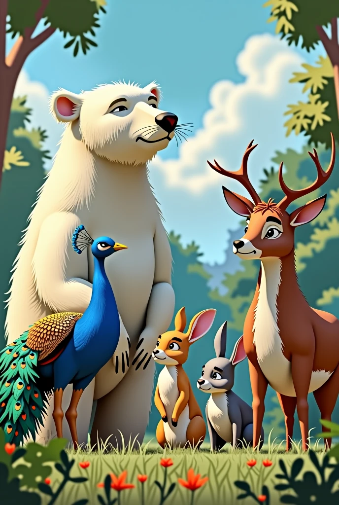 The four friends gathered together worried. "Climate change is changing our favorite seasons," They said.
the 4 animals the polar bears, Peacock, rabbit and deer you take a rabbit from me