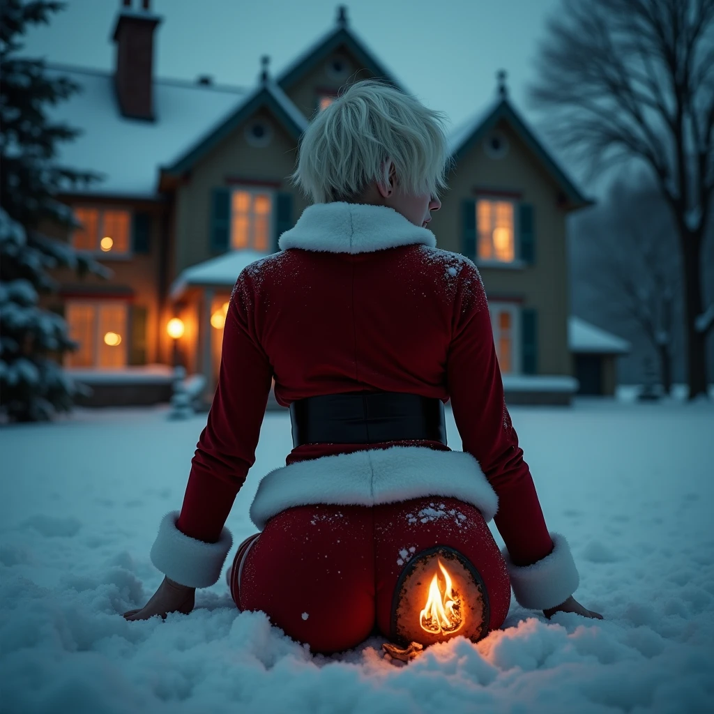 Is 1932 , We see her one hundred percent from behind, , the chimney on the roof of the house throwing fire is in the background , We see her one hundred percent from behind, she looks to the side. Her clothes are extremely tight , her head and body are perfectly proportioned. , A stunning high-definition cinematic image of a Lara Turner -esque girl, she platinum blonde short hair of 20 years old . She has on a complete Santa Claus suit with hat and everything , in the courtyard of a grand country house at night. She is on all fours, buried in snow, with only her head and her curvaceous butt visible. a large hole with charred edges in her pants exposes her buttocks, and smoke billows from the affected area. She screams in pain, opening her mouth and eyes wide. The background is shrouded in darkness, with snow falling gently and highlighting the girl's striking features and her stunning, voluptuous figure., cinematic