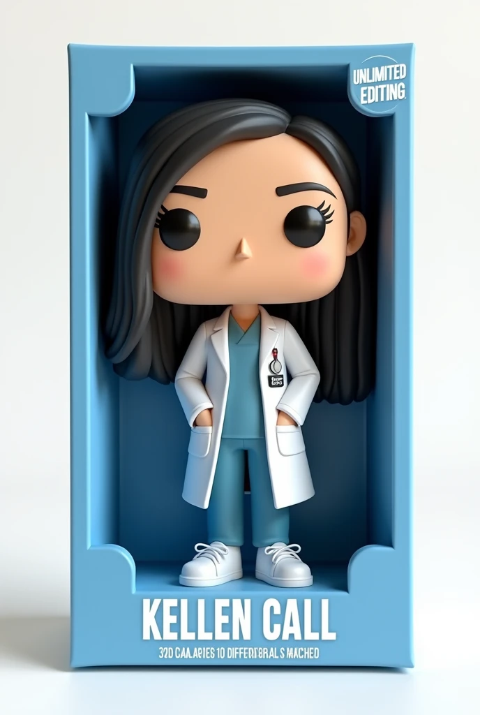 Create a Funko Pop of a kellen call, Brunetette, with slanted eyes, long black hair, dressed as a doctor. Funk must be presented inside and outside a blue box "unlimited editing". The box must also allow viewing of the funko, Typography, the rendering must be in 3D with a white background