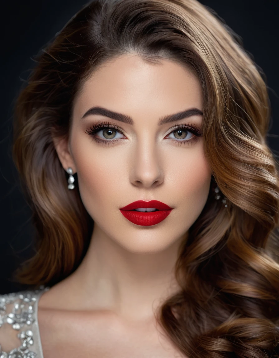 A waist-up portrait of a beautiful female whose facial features are a combination of Juliana Harkavy + Anna Hopkins. The female has lovely makeup on her face. The female wears red lipstick. Symmetrical eyes. Symmetrical face. Lovely details. Photorealistic. Full-colored photo. Professional photo. Highly detailed 8K.