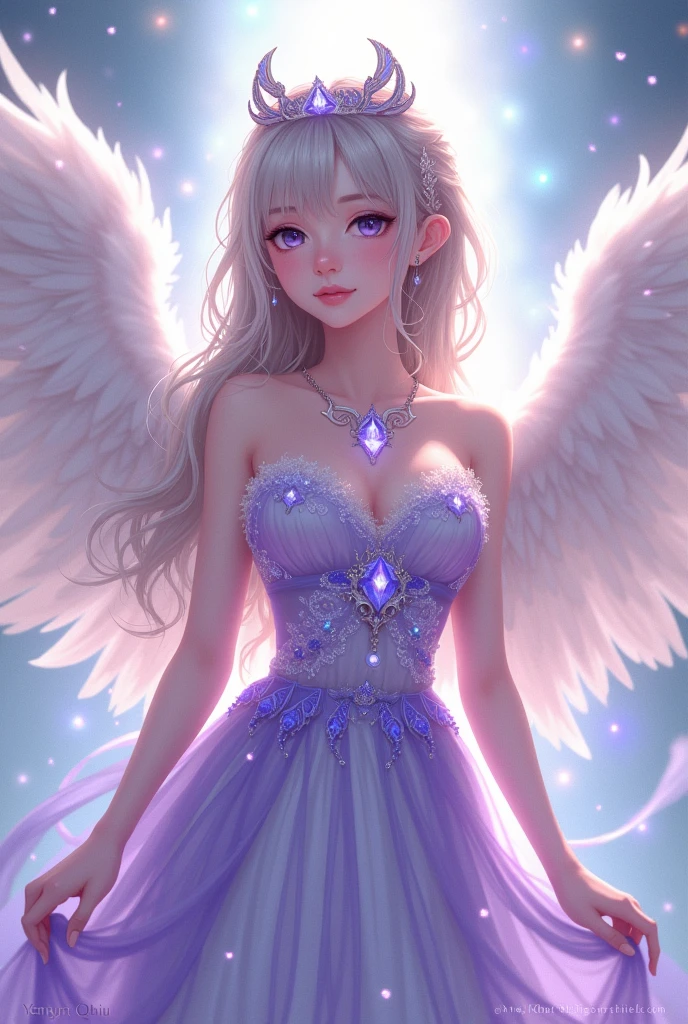 Anime Angel purple white dress with huge wings necklace
Photo framed a girl wearing purple dress and crown plus named on the picture is Yenyen Qhiu