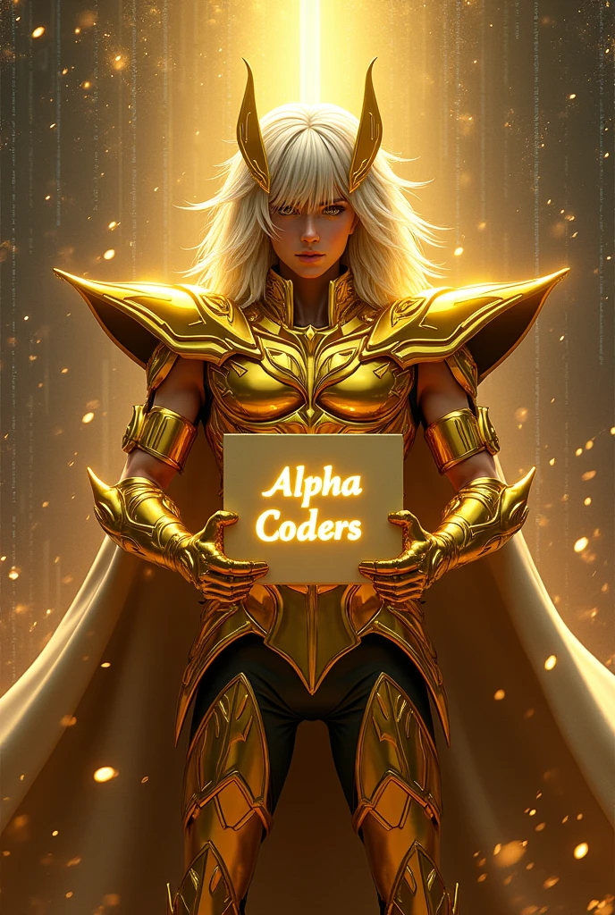 a detailed portrait of Shaka de Virgo, caballero del zodiaco en armadura dorada completa (((holding a sign that says "Alpha C0ders"))) with a background of Python and JavaScript programming themes, highly detailed, photorealistic, cinematic lighting, dramatic composition, digital art
