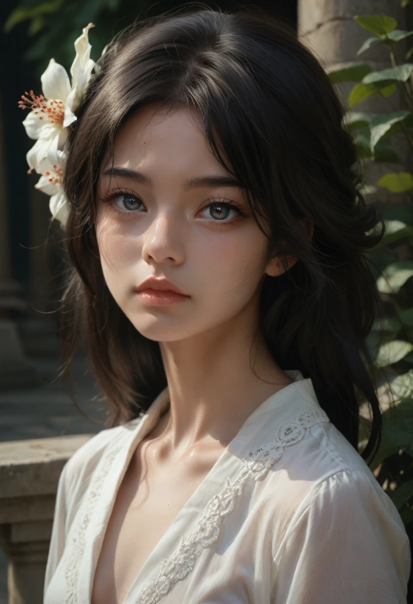  anime girl, realistic shadows, detailed skin, very small breasts, black hair, very detailed, 8k highly detailed face, perfect face shape, full perfect lips, perfect nose, correct beautiful eyes, watching viewer, white shirt, hair flowers, masterpiece, best quality, single girl, no bra, no panty, solo