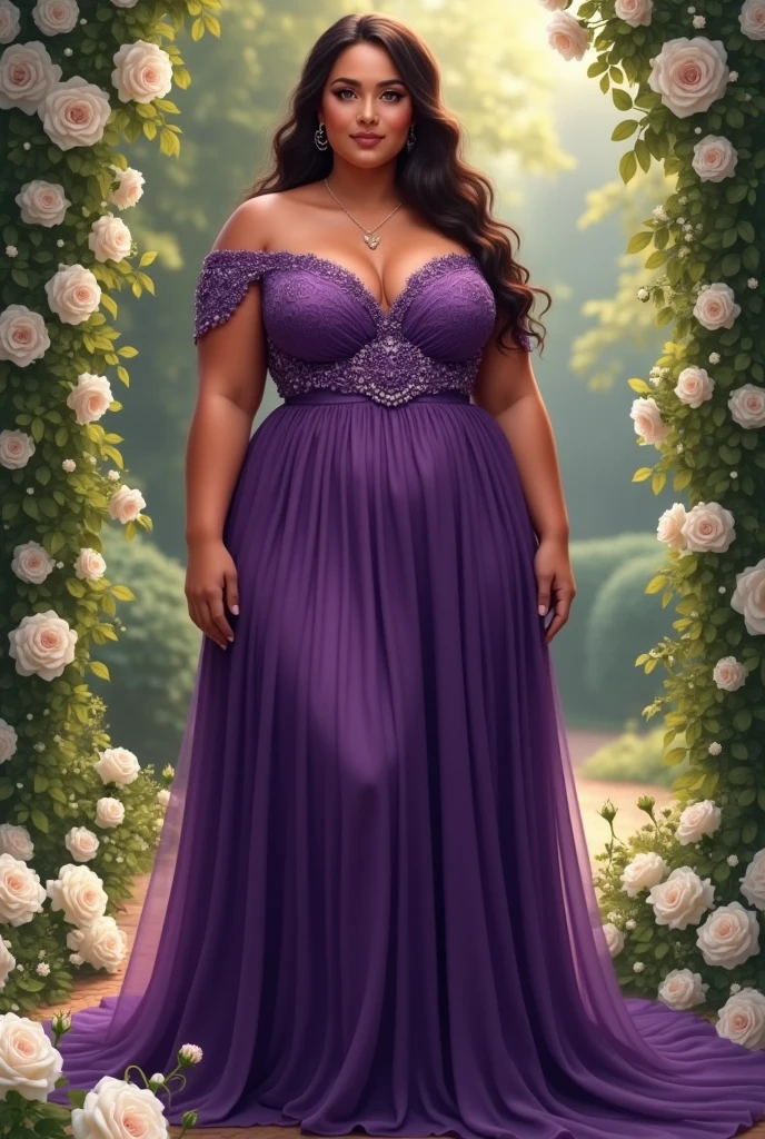 A purple dress with white roses for a chuby woman for a wedding
