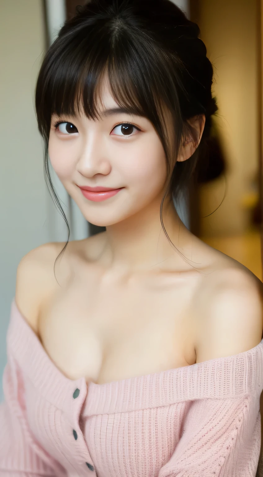 masterpiece,best quality,(Japanese girl),((Beautiful girl)),cleavage,(off shoulder:1.2),(perfect body beauty:1.2),(shy smile),From slightly above