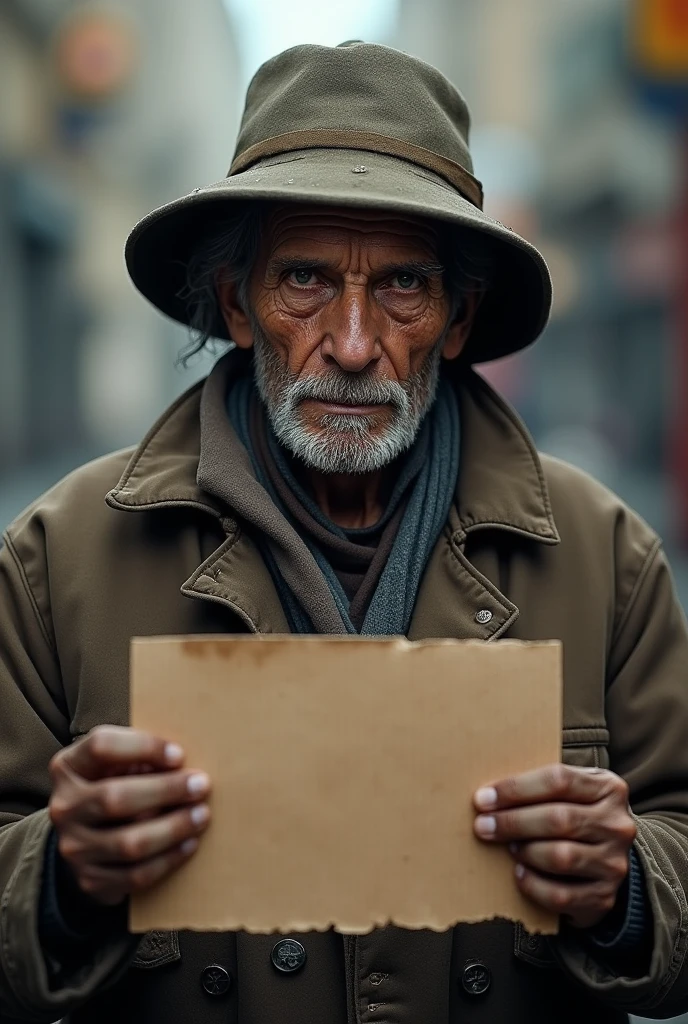 I want an image of a homeless person facing the camera with dirty clothes on., a cardboard in his hand and a dirty hat