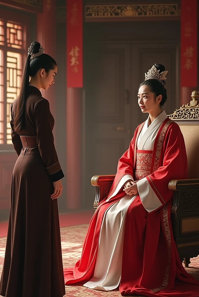 A beautiful young woman with a fierce expression in a dark brown dress of a Han Fu Dynasty official stood and bowed in front of the old empress in a red and white dress, full of rank, who was drinking tea in the reception room. The atmosphere of the room was decorated with luxurious patterns in the era of the great dynasty.
