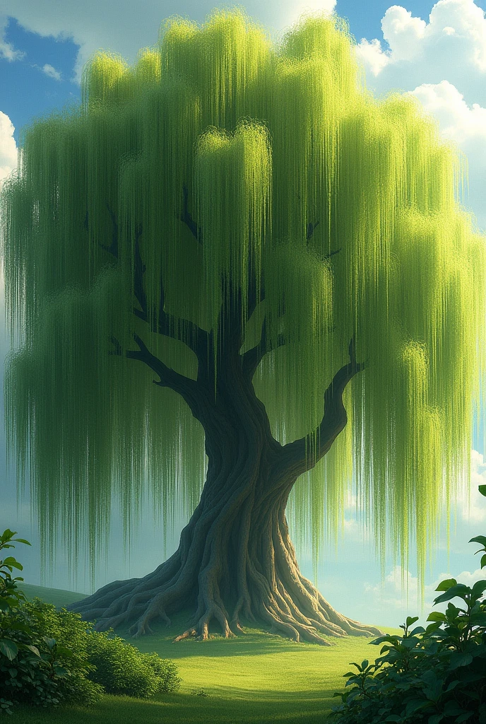A very leafy weeping willow tree where you can see many branches of that tree covering everything in beautiful tones where you can only see its foliage and its large and immense trunk that reflects its strength and where the wind blows moving the leaves.. Surrounded by light shades of sun rays 