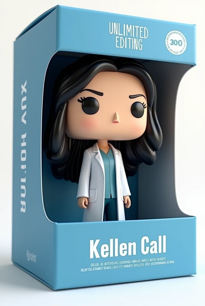 Create a Funko Pop of a kellen call, Brunetette, with slanted eyes, long black hair, dressed as a doctor. Funk must be presented inside and outside a blue box "unlimited editing". The box must also allow viewing of the funko, Typography, the rendering must be in 3D with a white background