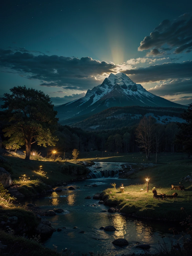 Best quality, Masterpiece, Beautiful wild and natural fantasy landscape with glowing lights.