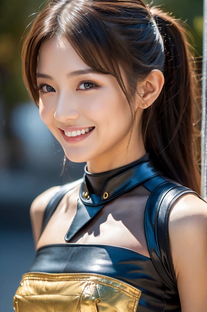 (first-class、4K、Masterpiece:1.3)、Beautiful woman、1 female、(breastplate、Attractive body:1.2)、abdomen:1.1、Dark Brown Hair:1.1、(whole body:1.2)、Ultra-detailed face、Exquisite lips、A sophisticated eye、double eyelid、Ultra-realistic and detailed background with Harley Davidson(bike)There is、Wearing a black leather jumpsuit、Japanese women、20th Generation(2)、Cute smile、Ponytail Hairstyles、