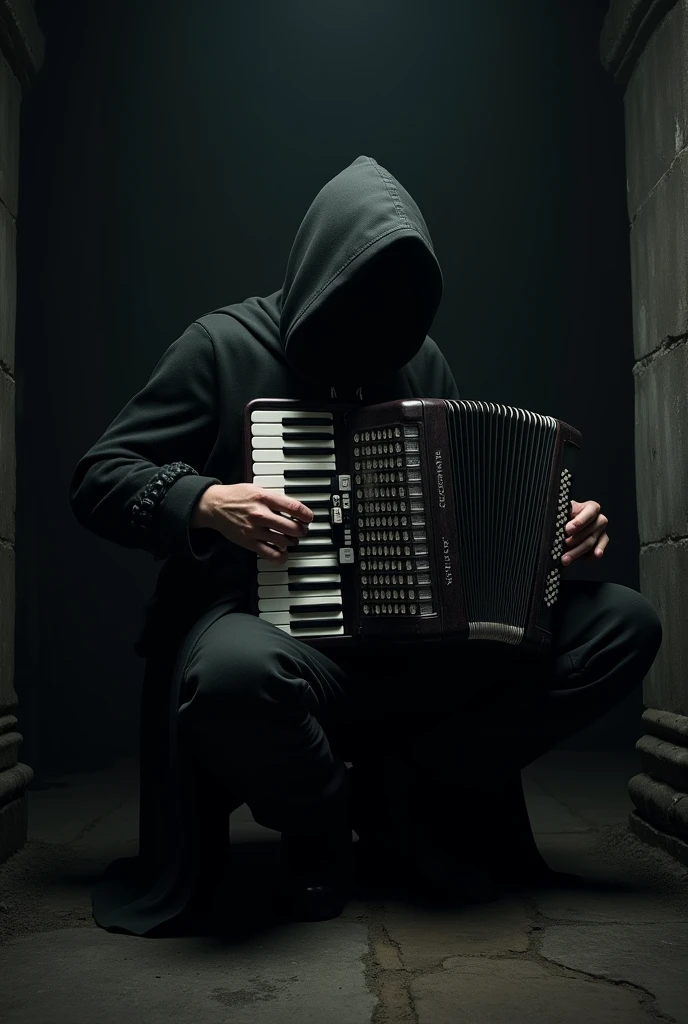 Man sitting playing button accordion in a dark place with his face covered
