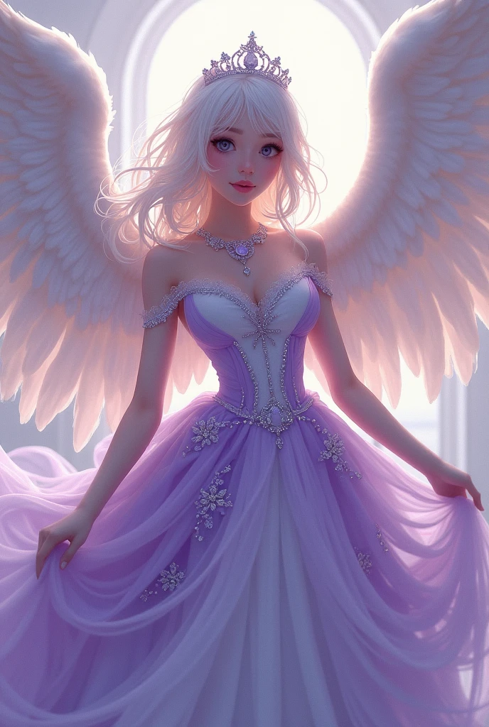 Anime Angel purple white dress with huge wings and wearing necklace
Photo framed a girl wearing purple dress and crown plus named on the picture is Yenyen Qhiu
