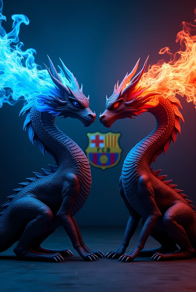there is a 2-headed dragon in the dark blue room. the first head of the dragons is falu-red, the second head is dark blue. and the red head of the dragon spews blue fire, and the dark blue head spews red fire. And on the wall there is the logo of Barcelona football club in the background. The logo of Barcelona football club should be clearly visible
