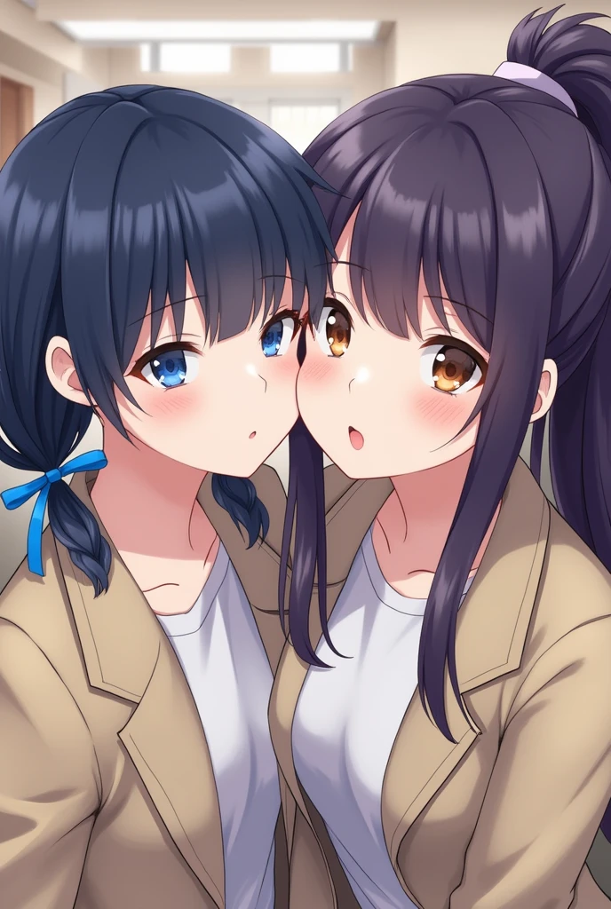 Please an image of a girl with pale skin, dark blue hair that she wears tied with vlaro blue ribbons in two low pigtails, the right one in front of her while the left one rests behind her back, and blue eyes taking a selfie while She kisses the cheek of another girl slighty tall with dark purple hair tied in a long ponytail that reaches her thighs, with thin amber eyes, slightly blushing and surprised. Wearing a school uniform that consists of a formal jacket with a beige collar along with a white t-shirt underneath.