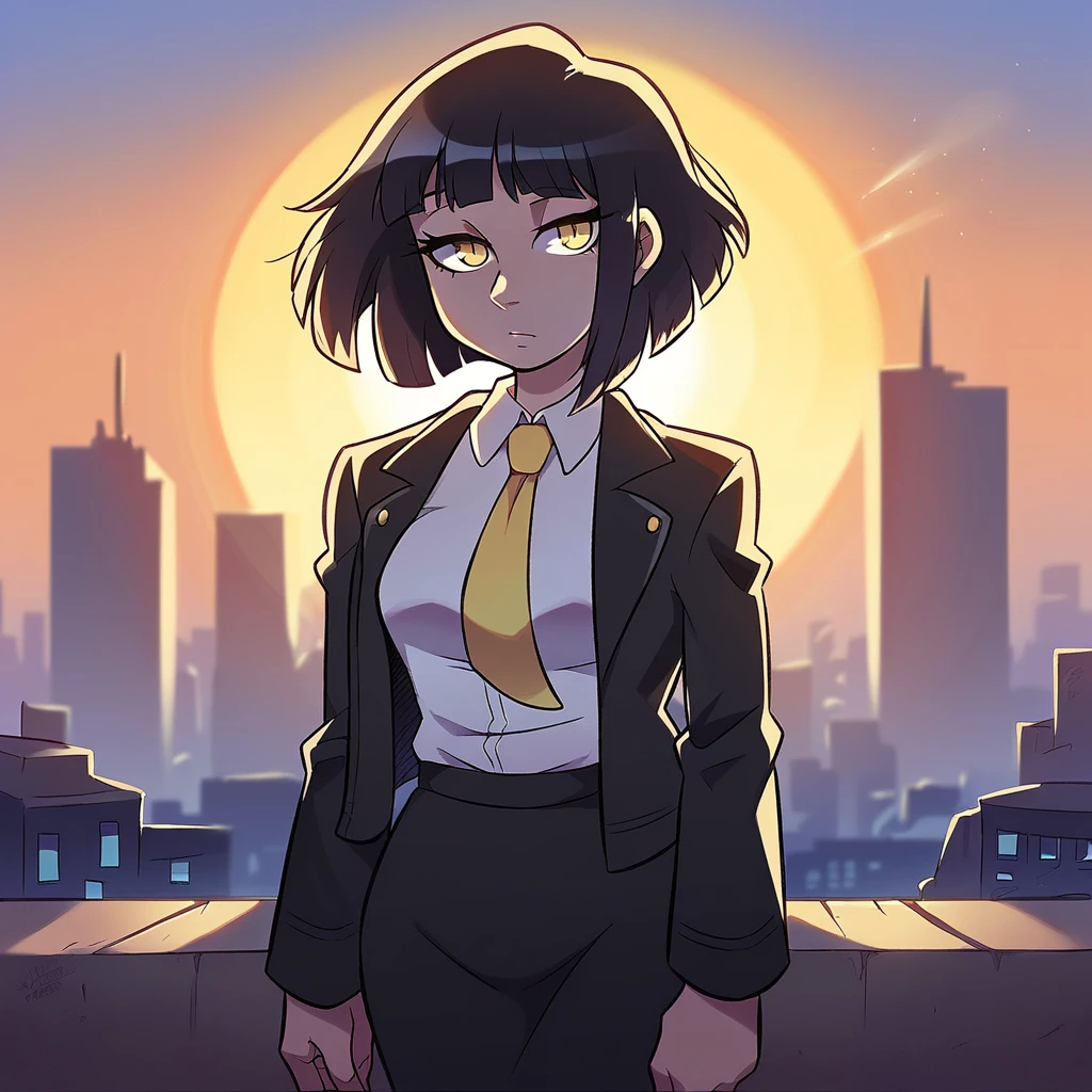 1girl, intricate detail, masterpiece, best quality, extremly detailed,cinematic lighting, beautiful detailed glow, finely detailed beautiful face and eyes, 8k, dark intense shadows, yellow eyes, medium hair, black hair, bangs, floating hair, black jacket, open jacket, white shirt, expressionless, yellow necktie, black skirt, spotlight, sunshine, sunrise, gradient sky, city, lens flare, cowboy shot, [[curvy]], [mature female]
