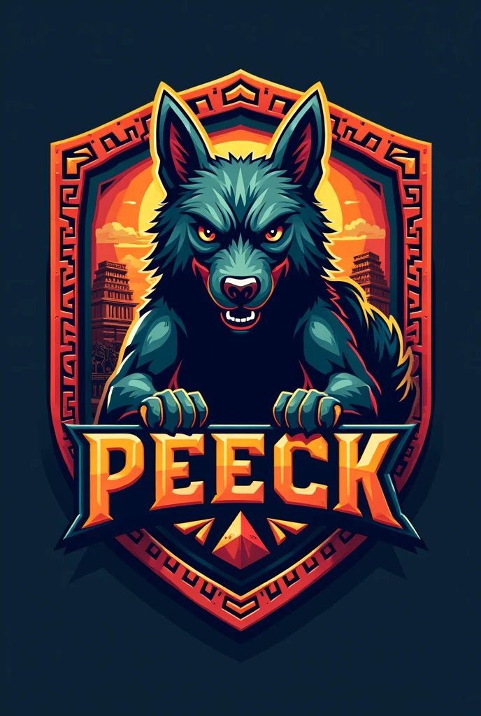 mayan style dog logo, for a sports team named Peeck that has striking colors but the dog looks imposing and that everything is surrounded by a border in the shape of a Mayan shield that has the name Peeck with striking words that the border has more Aztec details that has the dog glyph that has more details of Mayan structures in the background and on the shield