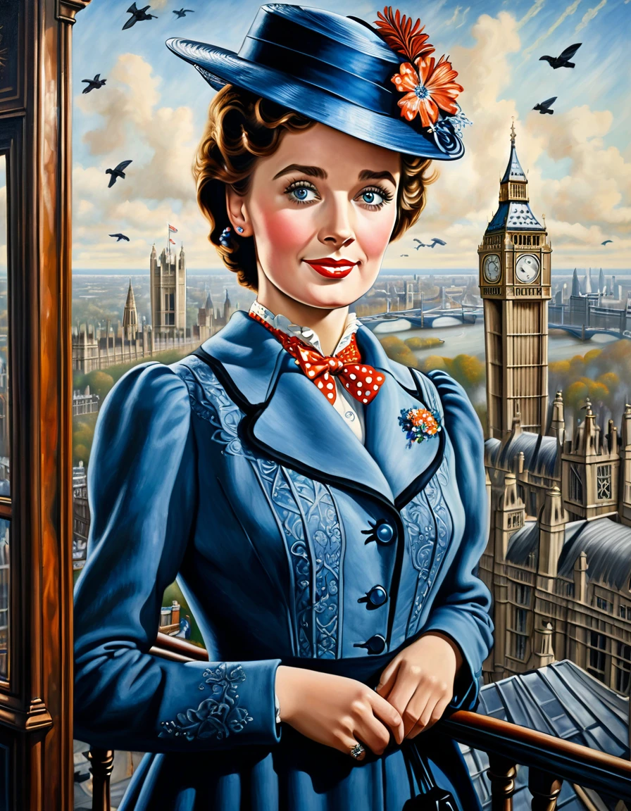 A perfect portrait picture of an enigmatic nanny Mary Poppins [Emily Blunt:Maude Adams:0.35] with aerial background of London in 1934, insanely detailed and intricate, realistic style oil on canvas painting, Don Lawrence Style