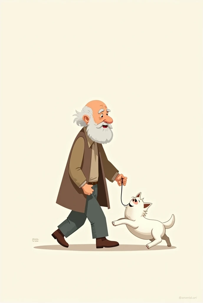 (simple cartoon cartoon)(minimalistic )old man walking with his dog (bearded old man badly dressed)(cute dog appreciates clean and well cared for )(White dog) the dog jumps into his owner's lap the old man falls to the ground