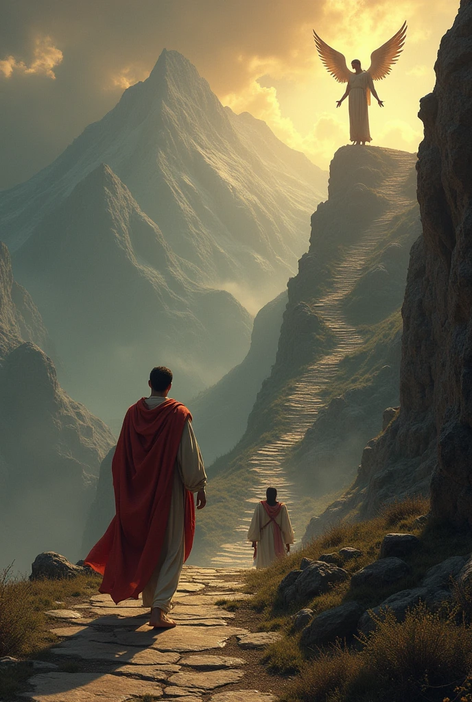 In Purgatory, Dante and Virgil climb a mountain with levels where sins are redeemed. As they move forward, Dante is purified of his sins. With the help of an angel, erasing letters from a writing on his forehead, Dante frees himself from his sinful burden.