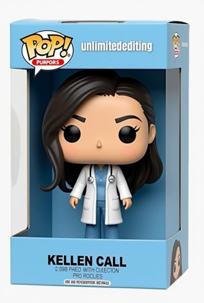 Create a Funko Pop of a kellen call, Brunetette, with slanted eyes, long black hair, dressed as a doctor. Funk must be presented inside and outside a blue box "unlimited editing". The box must also allow viewing of the funko, Typography, the rendering must be in 3D with a white background