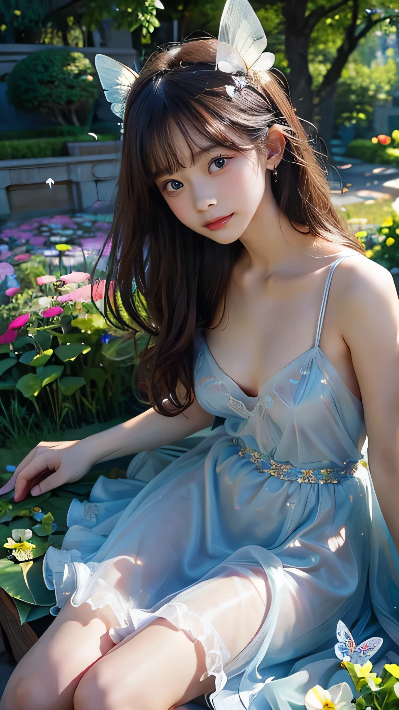 Highest quality,Realistic,masterpiece,detailed,High resolution,Cute , (masterpiece, best quality, dynamic angle), full body shot, (nsfw:1.4), score_9,score_8_up,score_7_up,1 girl,sexy woman,middle breast,perfect body,fine face,freckles,long hair,breathtaking dress,((transparent dress,nipples)),sparkly dress,beautiful patterned dress,dreamlike wonderland garden,flying petals,butterflies,birds,lighting effects,breathtaking colors,from below,cinematic,whimsical,