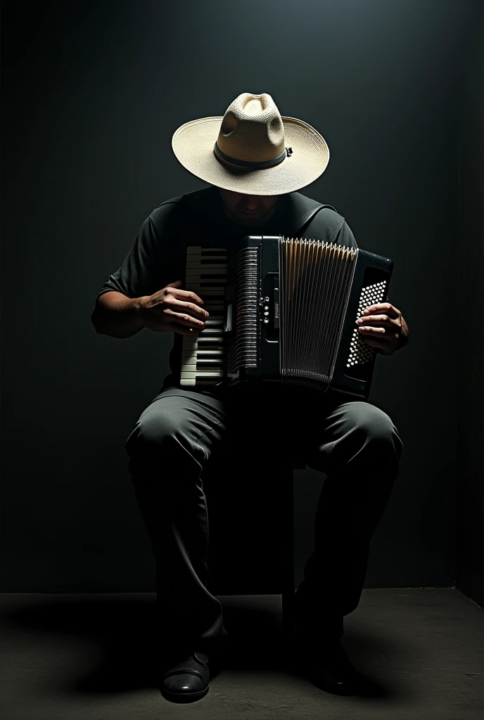 Man sitting playing button accordion in a dark place with his face covered with a Colombian hat