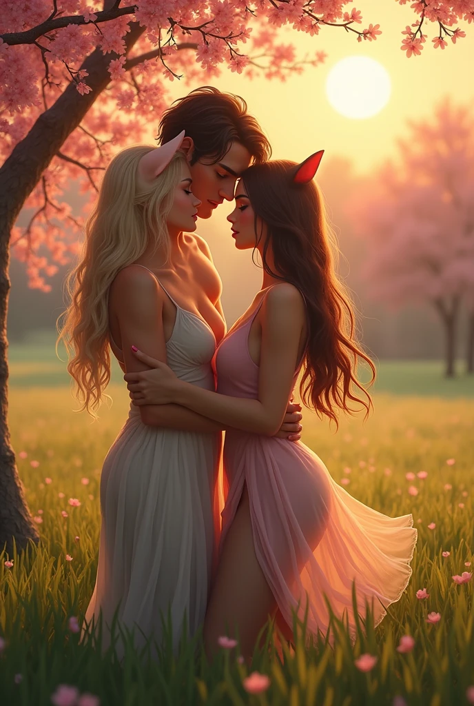 (masterpiece:1.2, best quality), age difference, 3girls, 19yo, , 18yo, , , (small breast:1.5), green eyes, white hair, (big white fox ears), ginger hair, (big ginger fox earlack hair, (big black fox ears), (white transparent nightgown:), (black transparent nightgown:), (red transparent nightgown:1.4) ), (topless:1.2), naked breast, nipple, hugging, (kissing:1.4) blush, smile, shy, autumn, yellow and red leaves, sun rays, anime minimalist, watercolor
