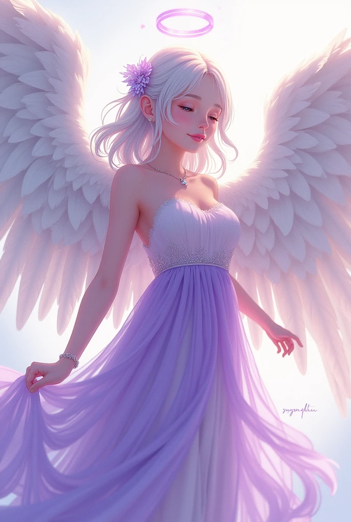 Anime Angel purple white dress with huge wings and wearing necklace
Yenyen Qhiu words on the picture
