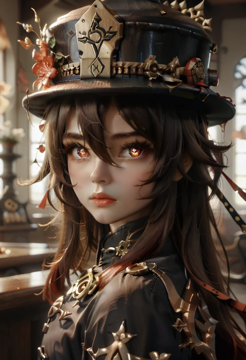 face, closeup, closeup shot, shiny hair, shiny clothes, shiny, extremely detailed eyes, extreme details, realistic, cinematic, detailed, masterpiece, 4k, 8k, , PunkAI,, FantasyAI_Burple,, indoors, hu tao (genshin impact), genshin impact, hat, symbol-shaped pupils, red eyes, brown hair, star-shaped pupils, flower-shaped pupils, bangs, black nails, black headwear 