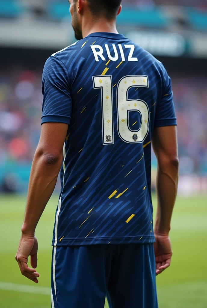 Create a soccer jersey with the last name Ruiz on the back and the number 16, en navy blue color, with fun style