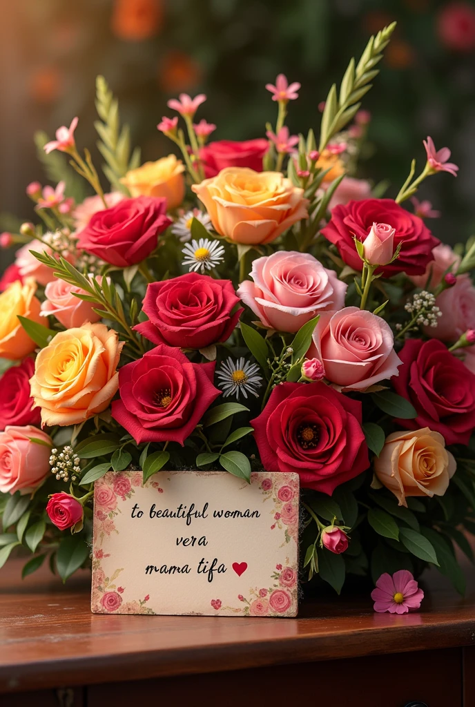 Create a banquet of flowers with a card Written "To beautiful woman Vera Mama Tifa"