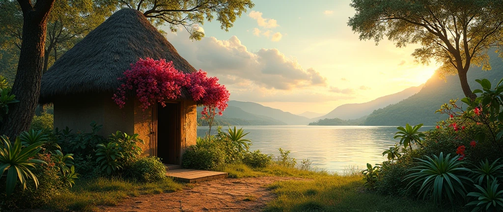 (piece of art: 1)، (wide view: 1.7)، (African forest, lake and small hut time: 1.6)، (Beautiful color palette: 1.3), silence, (Up, old light: 1.4)، (Bougainvillea flowers above the entrance: 1.5), wonderful sky, (dim light: 1.2), security, (soft sunlight: 1.3)، (Lush tropical plants near the stairs: 1.5)، (Calm atmosphere: 1.2)، (beautiful scenery: 1.3)، (Beautiful aesthetics: 1.2)، (wide open sky: 1.4)، نغمات جميلة، ألوان دقيقة, security, (clarification: 1.0)، تكوين ملحمي، إضاءة واقعية، تفاصيل عالية الدقة، piece of art، أفضل جودة،