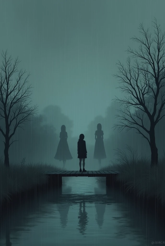 Me looking my girls friend and my girl friends body is erasing slowly standing on the small river wooden bridge and sad sky background and me only getting rain