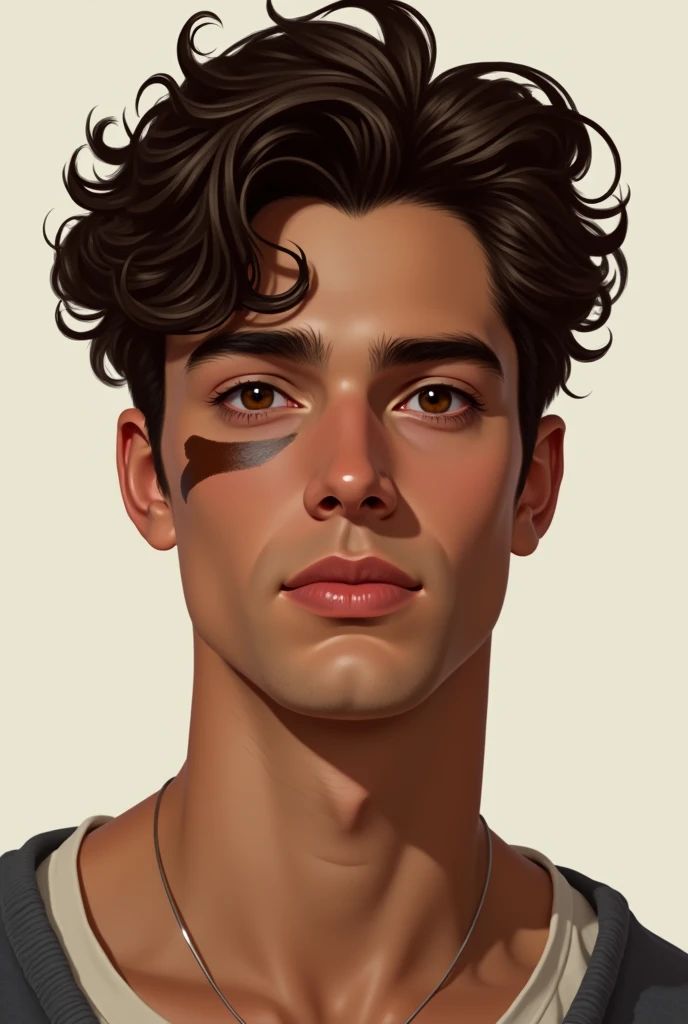 Create a digital drawing of a brown guy With dark brown curly hair Dark brown eyes With a dark brown spot on his cheek Perfect